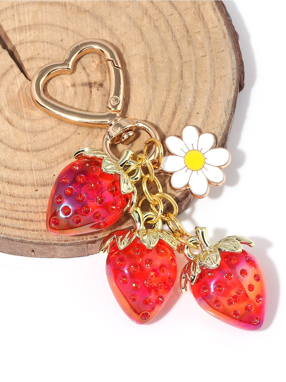Strawberry Charm Keychain with Daisy Accent - Red & Gold